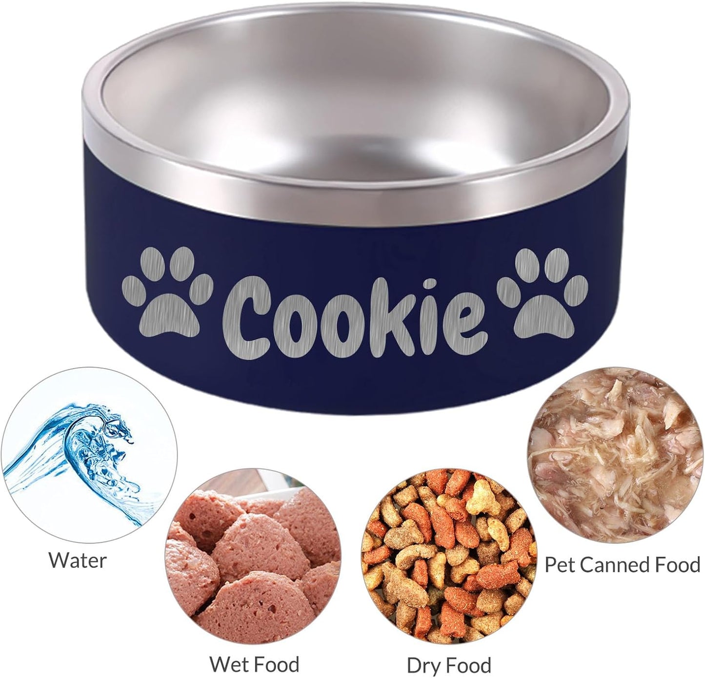 Personalized Dog Bowl Laser Engraved Custom Pet Name 18/32/42/64 oz No Slip Stainless Steel Insulated Bite-Resistant Food Water Dishes-Navy