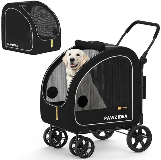 PAWZIDEA 3-in-1 Dog Stroller for Large Dogs with Detachable Carrier up to 100lb, 45% Extra Tall Dog Car Crate Sit Upright, Foldable Pet Stroller for 2 Medium Dogs All-Terrain Jogger, Adjustable Handle