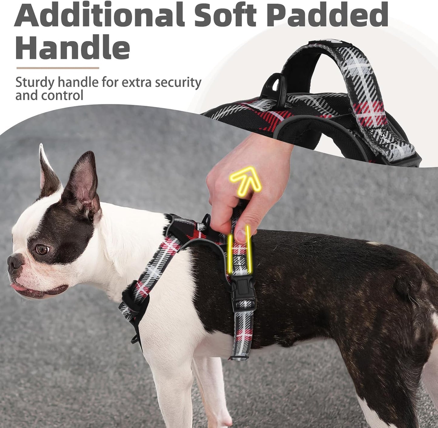 PUPTECK No Pull Dog Harness for Large, Adjustable Reflective Dog Harness with Handle Easy Control, Comfortable Soft Padded Pet Vest Harness for Large Dogs, Plaid Black XL