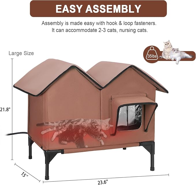 Heated Cat House, Large Heated Outdoor Cat House Weatherproof for Winter, Elevated Waterproof Insulated Cat Houses for Outdoor Cats, Comfortable and Warm Feral Cat Shelter (Tan)