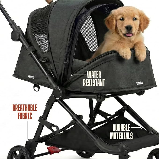 Pet Stroller for Small & Medium Dogs & Cats Lightweight Foldable Travel Stroller with Smooth 4-Wheel Ride, Breathable Mesh, Storage Basket & Aluminum Frame Comfortable & Easy to Maneuver
