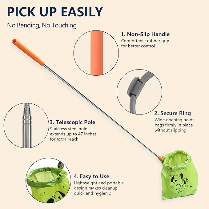 Dog Pooper Scooper with Bags, Long Handle No-Touch Dog Waste Picker Tool | With 90 Rolls Poop Bags, 47 Inch Extendable Handle, No Bending Cleanup, Portable Pooper Scooper for Yard, Walks and Travel