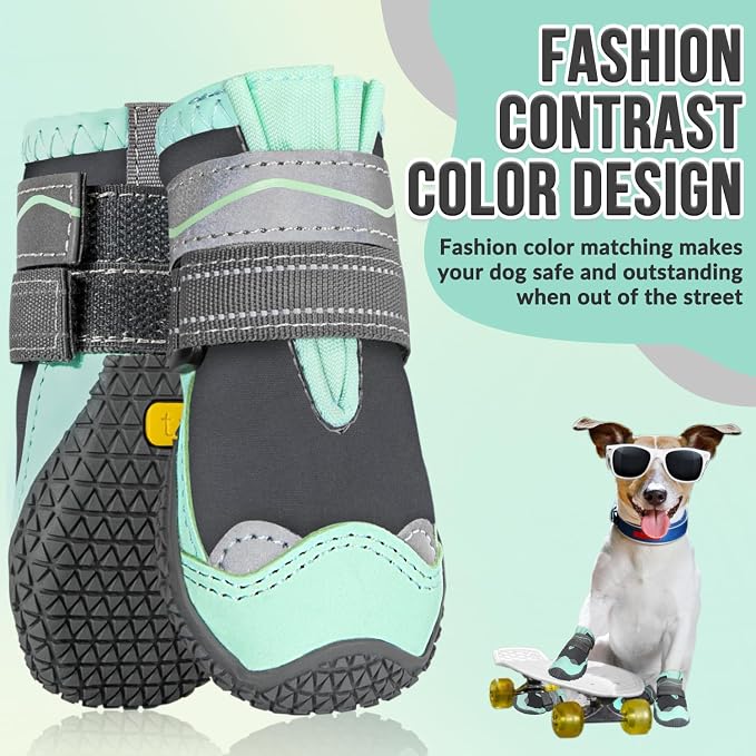 SlowTon Dog Shoes for Large Small Medium Dogs - Waterproof Dog Boots for Summer Hot Pavement, Paw Protector for Outdoor Walking Winter Snow, Anti-Slip Rubber Dog Booties for Hardwood Floor (GR, 4)