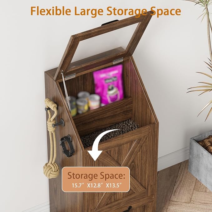 Dog Feeding Station,Dog Food Storage Cabinet,Pet Feeding Station with 2 Elevated Bowls,Hidden Pet Feeder Station with Hooks,Flip Top Pet Storage Organizer for Water,Feeding (Walnut)