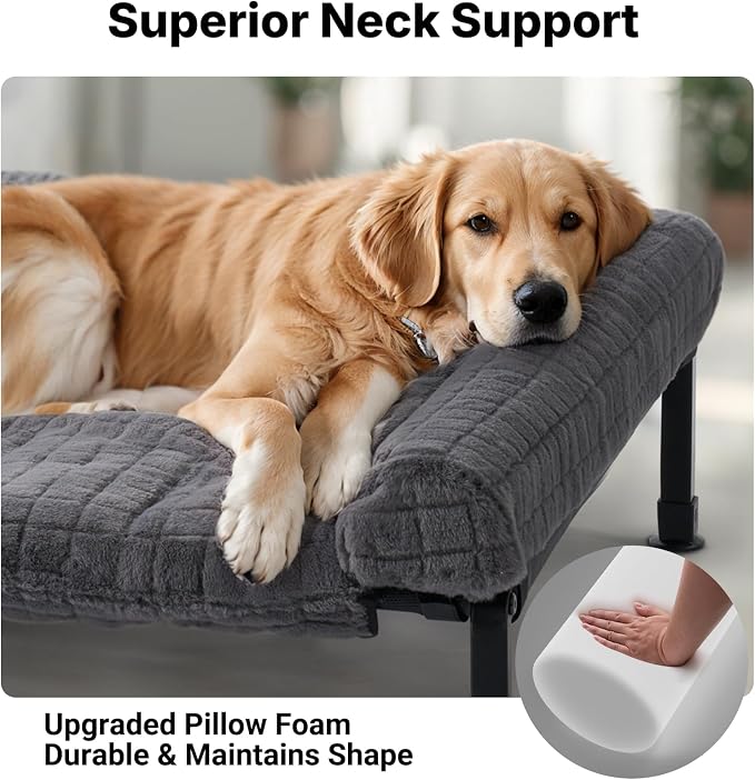 Veehoo Elevated Dog Bed with Fluffy Plush Bolster Cushion, Dog Couch Bed | Cooling Raised Dog Bed for Large Dogs, Washable Orthopedic Pet Cot with Removable Mat, Breathable Mesh, Non-Slip, 53", Grey