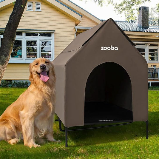Zooba 48in XL Dog House Outdoor, Elevated Dog Bed with Canopy, Brown | Weather-resistant 600D PVC canopy, breathable 2x1 Textilene elevated bed, steel frame; indoor or outdoor; easy to clean
