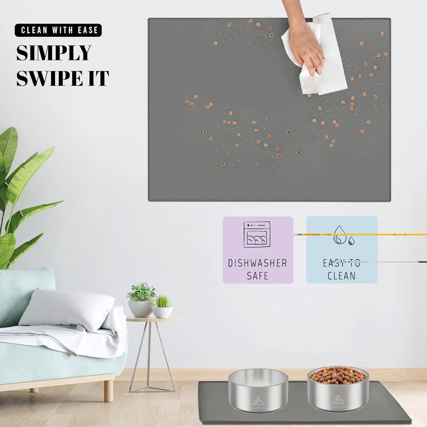 AVERYDAY 23x16'' Silicone Dog Mat for Food and Water, 0.63'' Edge Dog Food Bowl Mats for Floor Waterproof, Dogs Water Mat for Sloppy Drinker, Non Slip Rubber Pet Feeding Mats for Indoor Dogs and Cats