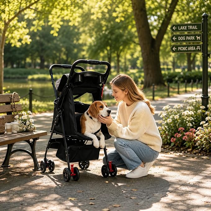 Dog Stroller for Small Dogs, Pet Stroller with 4 Wheels, Foldable Dog Strollers for Small Dogs & Cats, Cat Stroller with Storage Basket, Breathable Mesh, 360° Wheels & Rear Brakes Grey