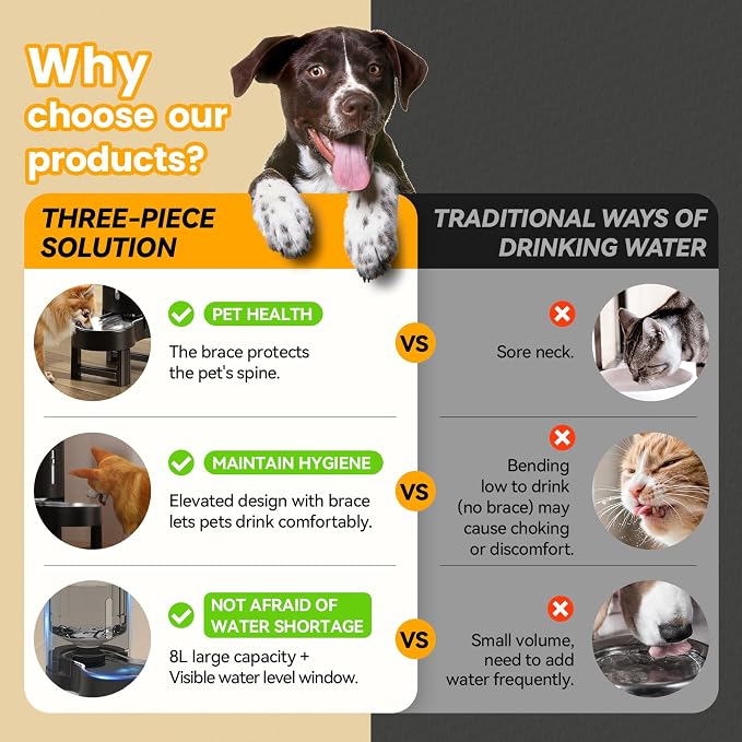 CZPET Elevated Dog Water Bowl Dispenser for Large Dogs (8L+Stand, Black) | With Stainless Steel Bowl Gravity Waterer, Large Capacity and Drinking Area Noise-Free for Pets