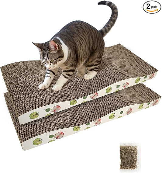 TIMHAKA Cat Scratching Board, Corrugate Cat Scratcher for Indoor Cats with Catnip, Cat Scratch Pad with Premium Scratch Textures Design, Cardboard Cat Scratcher with Double-Sided Usability (Pack of 2)