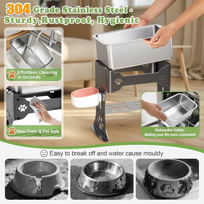 3 Gallon Elevated Dog Bowl Large Breed Raised Dog Water Bowl Stand,3 Height Adjustable Stainless Steel Pet Feeder Station with Anti-Slip Mat,Black Pet Bowl for Relief Joint Pressure,Easy Clean