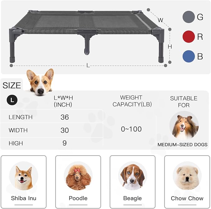 Elevated Dog Bed Waterproof Outdoor, Portable Raised Dogs Beds, Dogs Beds Off the Floor, Dog Bed Easy Clean Indoor or Outdoor Use, Large, Grey