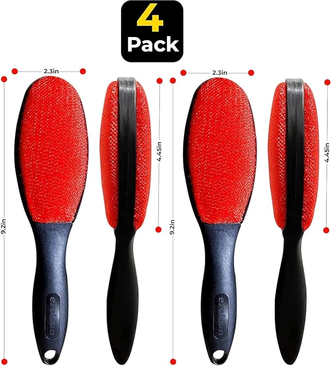 EZCLEAN 4-Pack Red Color Velvet Lint Brush for Clothes Furniture Couch, Pet Hair Remover, Reusable Double Sided Fabric Brush