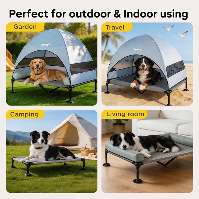 iweepet Upgraded 4 in1 Elevated Dog Cot with Removable Canopy & Bolster Pillows for Large & Extra Large Dog,Cooling Raised Outdoor Dog Bed with Breathable Teslin Mesh,Carry Bag for Camping, Backyard