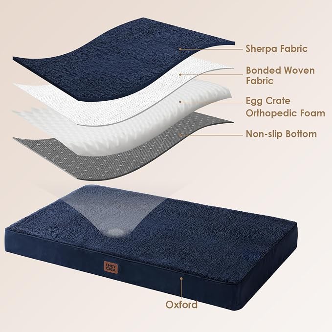 EHEYCIGA Orthopedic Dog Bed Large with Removable Washable Cover, 44IN Navy | Egg Crate Foam Support, Durable Oxford fabric, Non-Slip Bottom, Machine Washable, Soft Waterproof Plush Pet Bed Mat For Crate