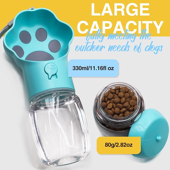 Dog Water Bottle with Food Container, Portable Pet Dispenser, Leak Proof, Hiking, Puppy Travel, Outdoor Activities(11.16 fl.oz/330ml, Blue)