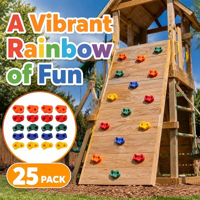 ZENFUN 25 Packs Rock Climbing Holds, Indoor & Outdoor Rock Wall Climbing Kit, Multi-Colored Climbing Rock Wall Grips with Mounting Hardware, Knotted Rope（Added 4 Sets of Spare Screws）