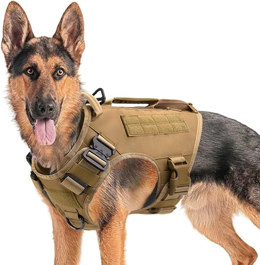 Tactical Dog Backpack Harness for Large Breed Original Design Metal Buckle Vest with Side Bags Pouches for Service Working Training (Khaki (Vest only), XL)