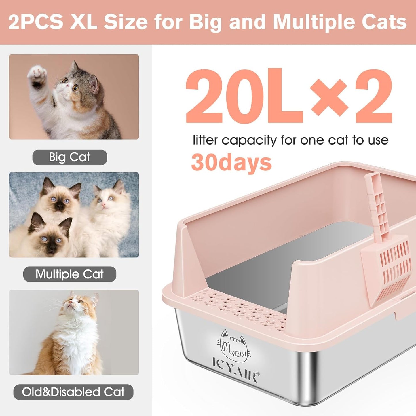 2PACK Stainless Steel Cat Litter Box with High Sides Lid, XL Litter Box for Big Multiple Cats, Extra Large Metal Kitty Litter Boxes with Anti-Leakage Enclosure, Non-Stick,Odorless,Scoop Included