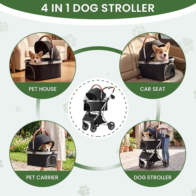Dog Strollers for Small Medium Dogs Cats 44 lbs,3-in-1 Detachable Pet Carrier Stroller,4 Wheels One-Hand Fold Travel Carriage with Storage Basket,Pet Pad,Cup Holder(Black)