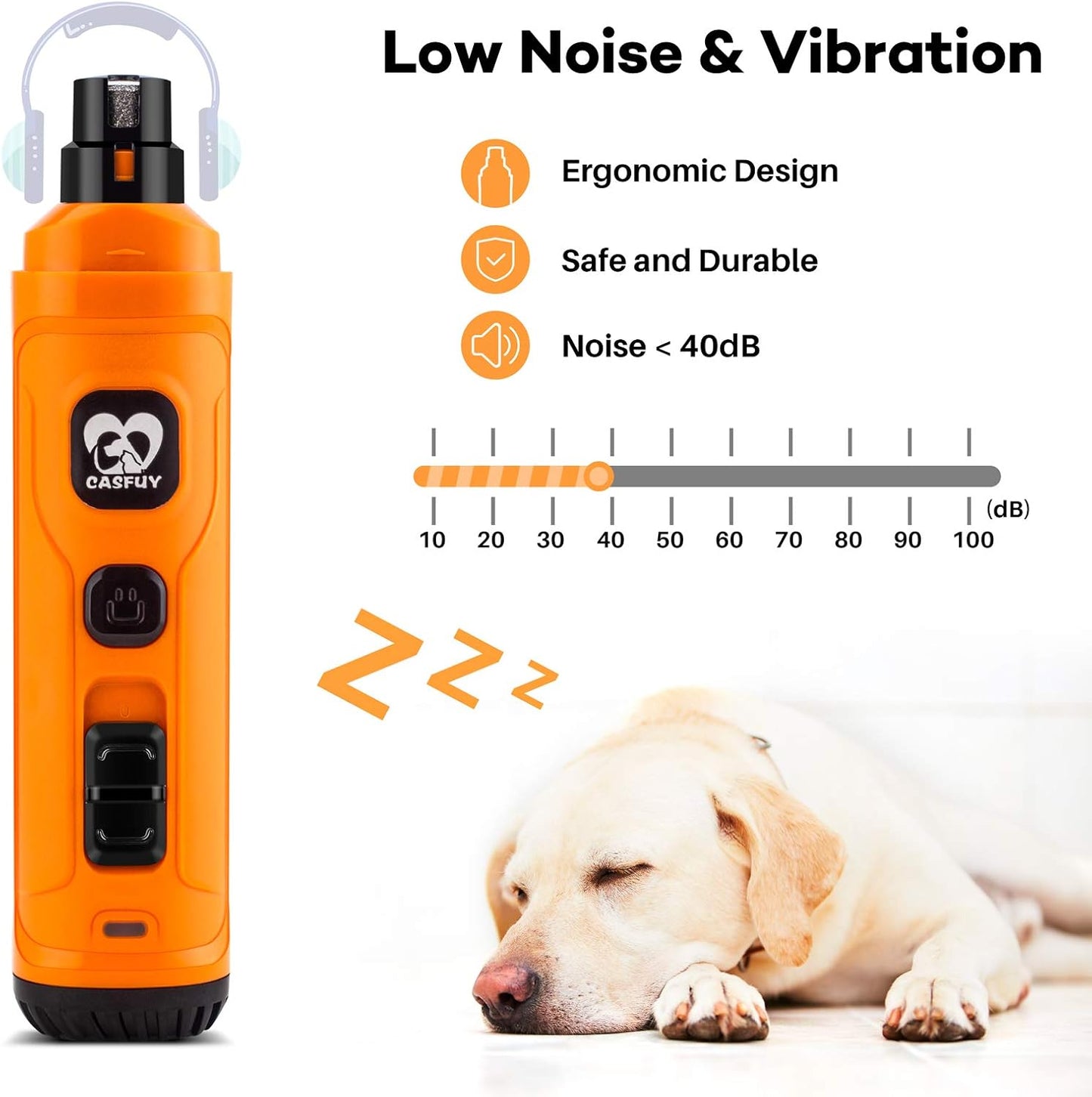 Casfuy Dog Nail Grinder with 2 LED Light - New Version 2-Speed Powerful Electric Pet Nail Trimmer Professional Quiet Painless Paws Grooming & Smoothing for Small Medium Large Dogs and Cats (Orange)