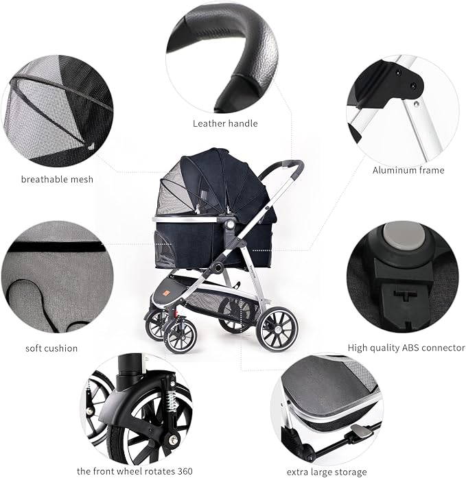 Kenyone Pet Stroller 3 in 1 Dog Stroller for Medium Small Size Dogs, Large Cat Stroller with Detachable Carrier for Puppies, Doggies, Kitties, Bunnies (C510 Navy)
