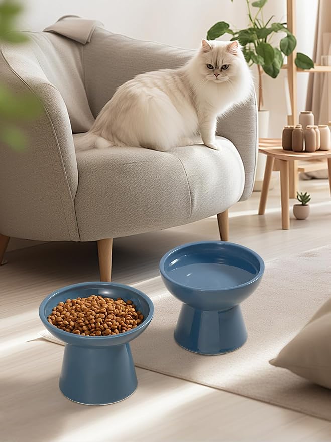 LoeJan Elevated Cat Food and Water Bowls Set, Extra Wide and Raised Ceramic Feeder, Anti-Vomit Whisker-Free Pressure Feeding Bowl for Kittens Adult Small Dogs, Deep Blue