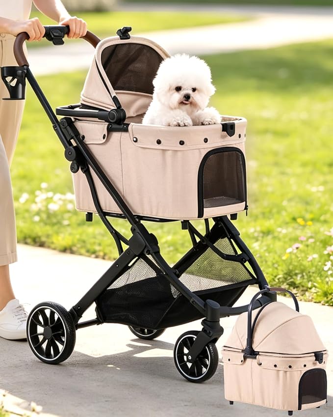 797Audio Dog Cat Stroller for Small Medium Pets,3-in-1 Foldable Pet Stroller with Detachable Carrier,Car Seat,One Click Folding,All-Terrain 4 Wheels,Adjustable Canopy with Sun Shades,Max 121lbs(Beige)