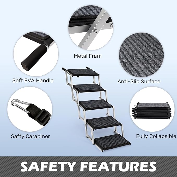 Dog Steps for Car, Truck and SUV - Foldable Pet Stairs for Large Dogs with Non-Slip Rug Surface, Lightweight Dog Ramp Holds Up to 250lbs, 5 Steps