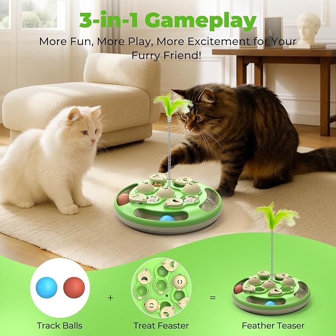 Cat Puzzle Feeder, 3 in 1 Interactive Cat Treat Puzzle Toy with Track Balls, Feather Teaser & Slow Feeder Insert, Non-Slip Base, Level 3 Mental Stimulation Enrichment Toy for Bored Indoor Cats