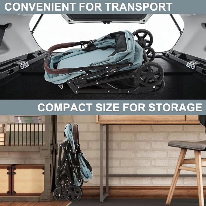 No-Zip Pet Stroller for Small Dogs & Cats, 44 lb, Light Blue | No-Zip Canopy, 44 lb Capacity, Reflective Trim, 2 Tethers, Lockable Front Wheels, Rear Brake and One-Hand Fold