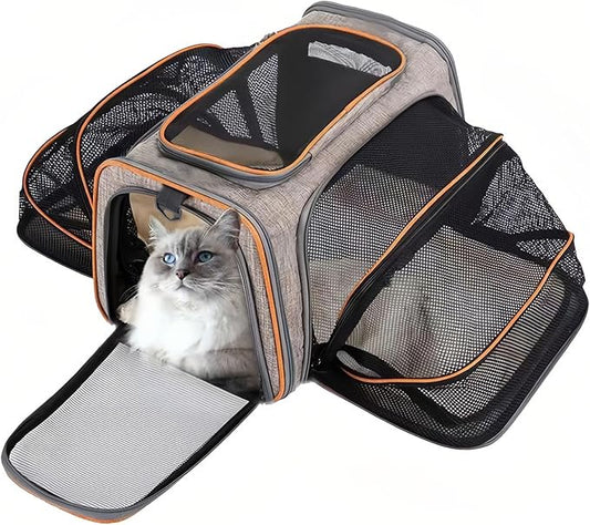 Expandable Cat Carrier Pet Carrier with 2 Extensions,Airline Approved Soft-Sided Portable Dog Travel Washable Carrier for Kittens,Puppies,Removable Soft Plush Mat (Grey Orange, Small)