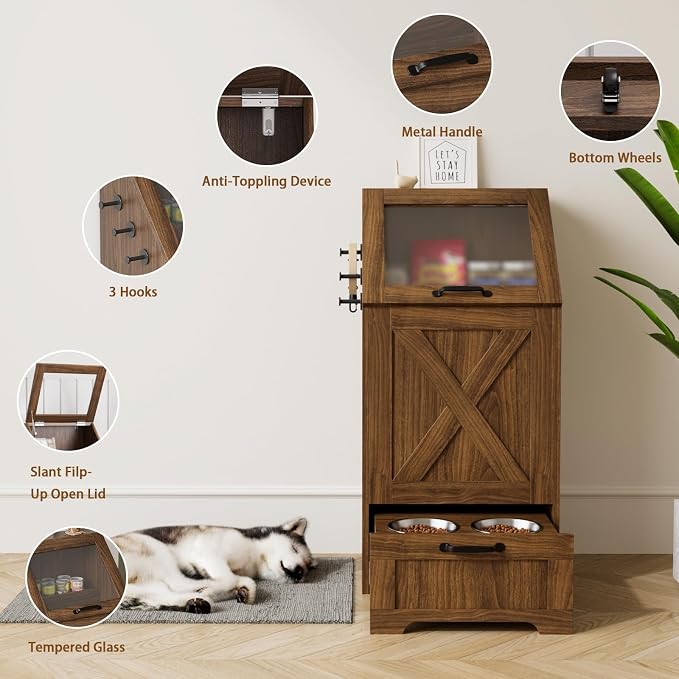 Walnut Dog Feeding Station with Storage & Bowls | Pet food cabinet, 2 elevated bowls, 3 hooks, glass flip cover, anti-tipping device, for dogs.