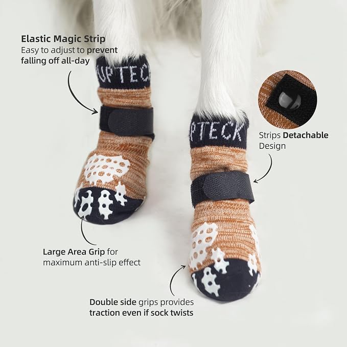 PUPTECK Anti-Slip Dog Socks with Double Sides Grips for Small Medium Large Dogs Hardwood Floors Prevents Licking, Dog Shoes for Hot Pavement Traction Control Paw Protector for Senior Dogs, Khaki XXS