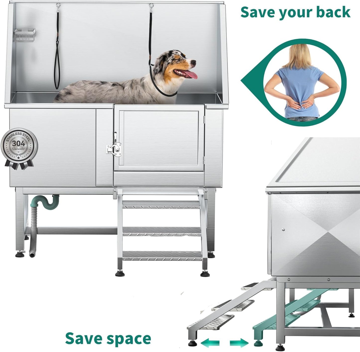 YITAHOME Professional Dog Bathtub 50in, Stainless Steel 304 Dog Bathing Station for Home, Pet Grooming Tub w/Right Stairs, Faucet, Floor Grate, Pet Washing Station for Large, Medium, Small Pets