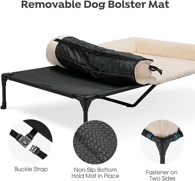 Veehoo Elevated Dog Beds Large Sized Dog with Fluffy Plush Bolster Cushion | Orthopedic Raised Dog Beds for Indoor Outdoor, Soft Pet Sofa Cot with Removable Washable Mat, No-Slip Feet, 49" x 33", White