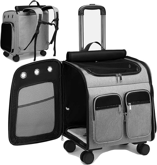 Wheeled Pet Carrier Backpack Pet Stroller, Travel Carrier, Car Seat for Small Dogs Cats Puppies, Comfort Cat Backpack Removable Rolling Wheels – Mesh Ventilation Windows (Large Grey)