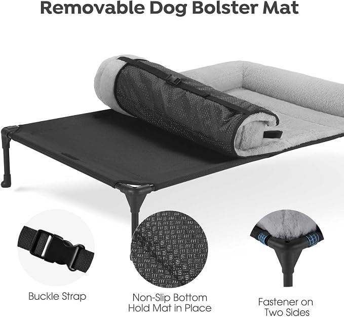 Veehoo Elevated Dog Beds Large Sized Dog with Fluffy Plush Bolster Cushion | Orthopedic Raised Dog Beds for Indoor Outdoor, Soft Pet Sofa Cot with Removable Washable Mat, No-Slip Feet, 42" x 30", Grey
