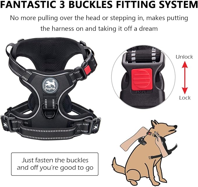 PoyPet No Pull Dog Harness Large with Front Clip & Neck Release Buckle | No Choke, Adjustable Vest, Reflective, Back Clip, Lockable, Soft Padded, Easy Control Handle for Walking Training, L, Black