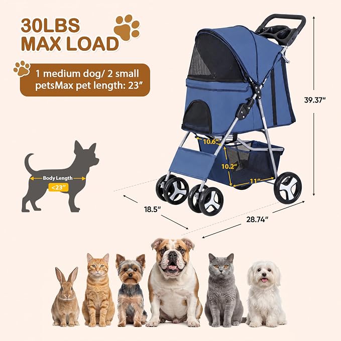 Pet Stroller 4 Wheels Dog Cat Stroller for Small Medium Dog Cats Carrier Jogger Travel Foldable Puppy with Storage Basket and Cup Holder (Navy Blue)