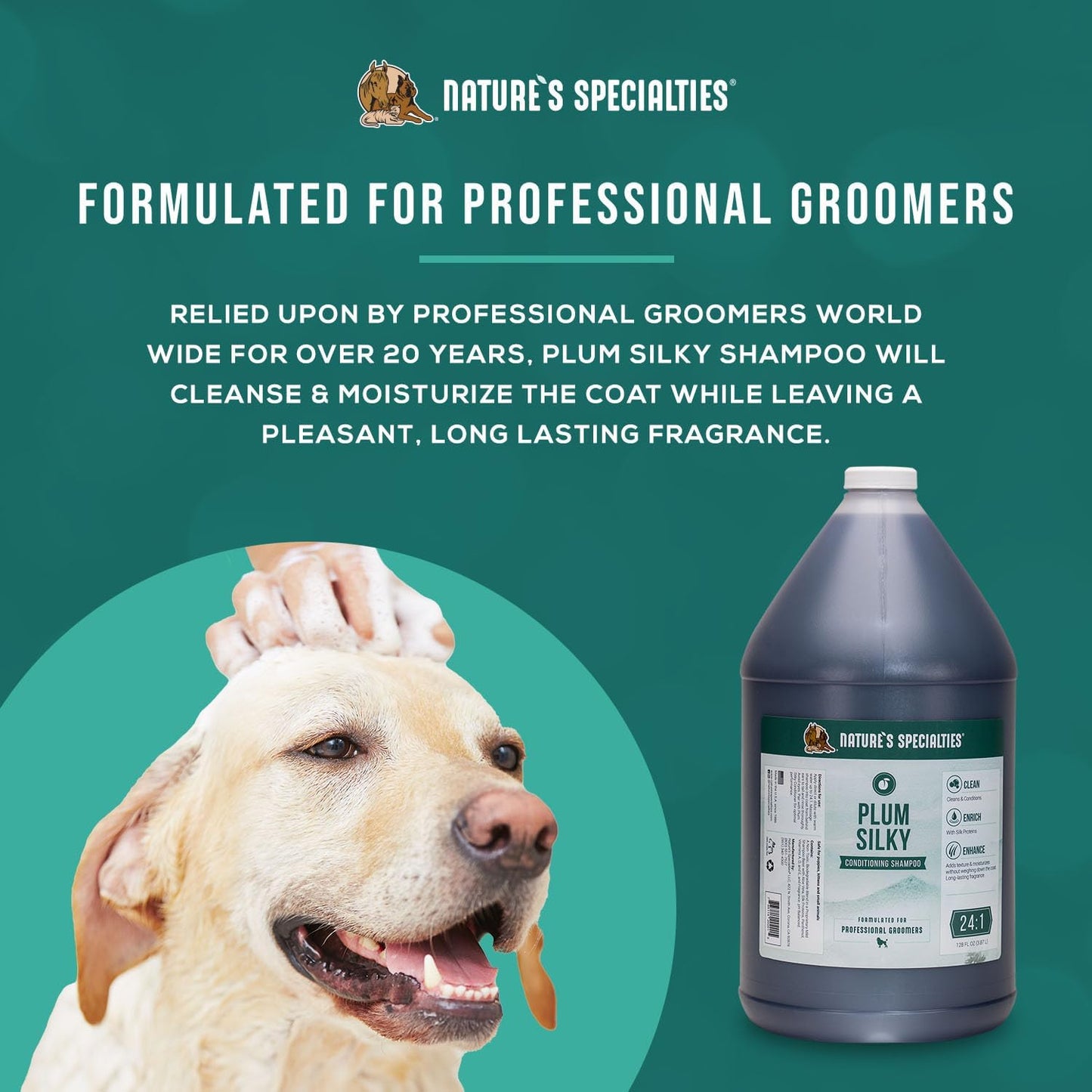 Nature's Specialties Plum Silky Ultra Concentrated Dog Shampoo Conditioner, Makes up to 24 Gallons, Natural Choice for Professional Pet Groomers, Silk Proteins, Made in USA, 1 gal