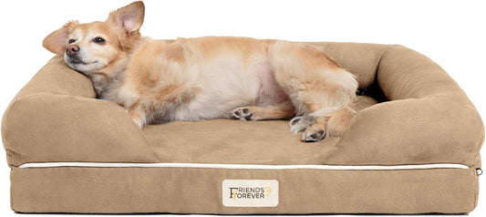Friends Forever Small Dog Bed, Orthopedic Sofa Memory Foam Mattress, Calming Couch, Wall Rim Pillow, Water Resistant Liner, Washable Cover, Non-Slip Bottom, Chester, Small Khaki Beige