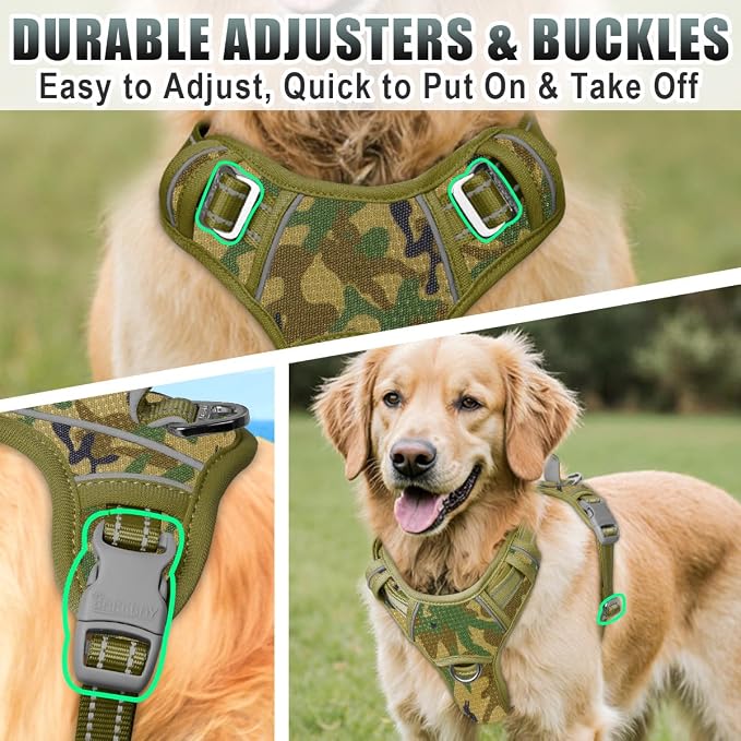 BARKBAY No Pull Dog Harness Large Reflective Dog Harness with Front Clip and Easy Control Handle for Walking Training Running with ID tag Pocket(Camo,L)