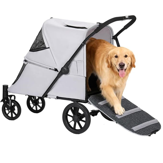 Pet Stroller with Ramp for Large Dogs up to 132lbs, Large Pet Gear for Multiple Dogs/Cats, All-Terrain with Mesh Dual-Window & NO-Zip, Removable Mattress & Slope Pad (Gray)