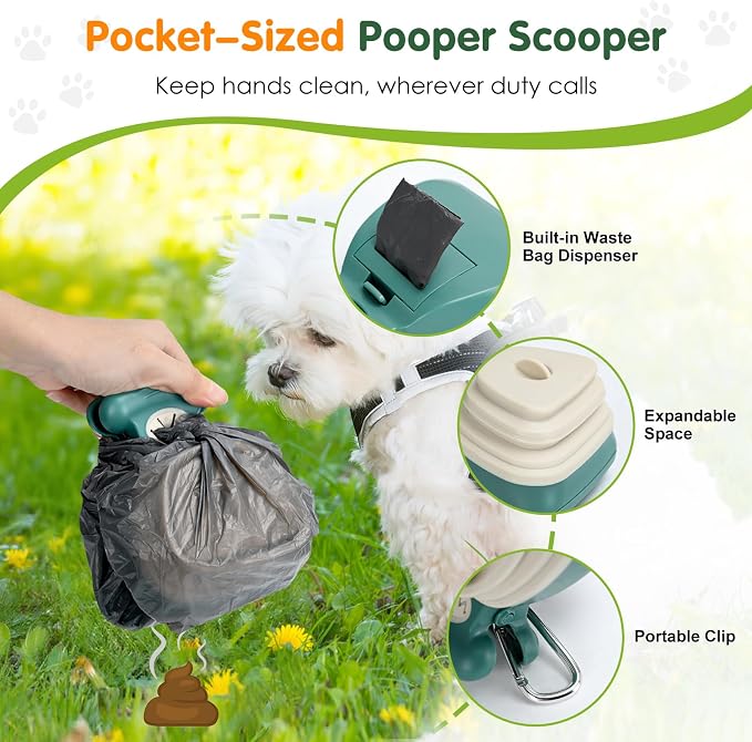 lychee Heavy Duty Stainless Metal Dog Pooper Scooper Tray and Rake Set for Yard- Portable Pooper Scooper for Small to Medium Dogs, Adjustable Long Handle,Rust-Proof, with Bag Attachment, Leash Clip