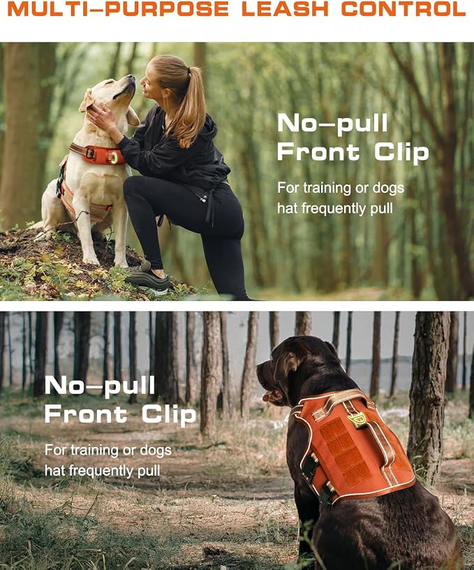 Dog Harness, Tactical No Pull for Small Sized Dog with Handle | Breathable Soft Padded, Adjustable, Reflective, Molle System, Heavy Duty, No Choke for Walking Training, Orange Small