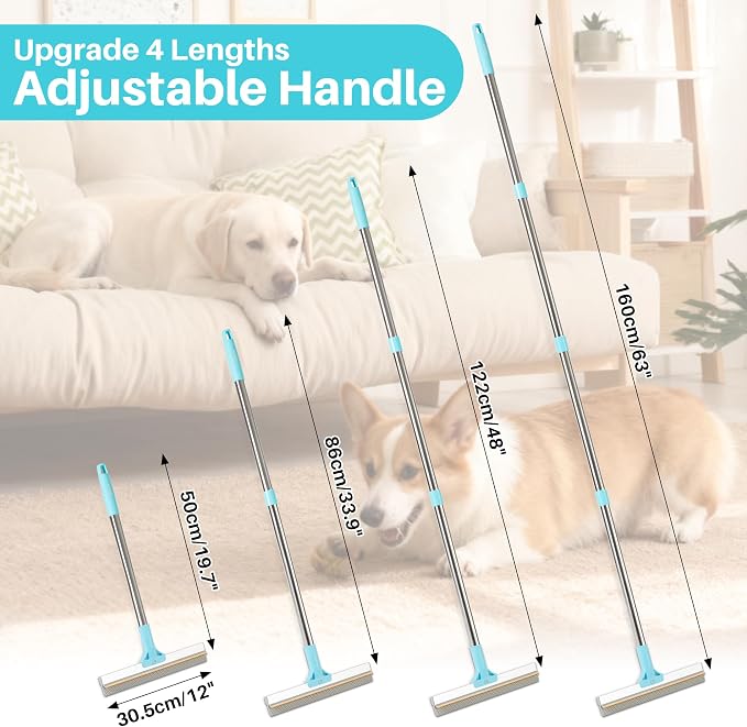 JOYMOOP Carpet Rake for Pet Hair Removal, 63" Adjustable Long Handle Pet Hair Remover, Reusable Cat Dog Hair Carpet Rake with Metal and Silicone Scraper for Rug, Sofa, Cloth