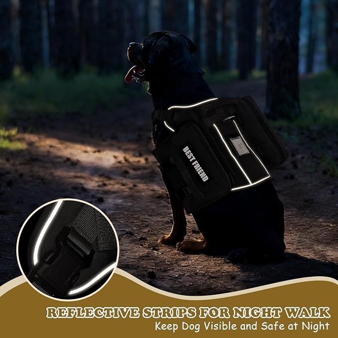 Dog Backpack Harness and Leash Set for Large Dogs Black L | Removable Side Pockets Dog Vest with Padded Handle&MOLLE,No Pull Front&Back Metal Clips for Hiking Training Walking Hunting