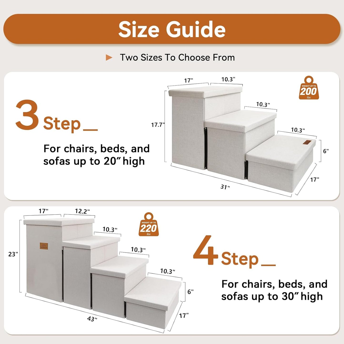 Dog Stairs with Storage 18" H, 3-Step Wider Dog Steps for Small/Medium/Large Old Dogs Cats, Folding Sturdy Pet Stairs Climbing Bed or Couch, Ramp for Car Up to 200 lbs (Beige, No Condo)
