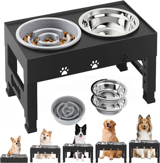 Elevated Dog Bowls with Slow Feeder and 2 Stainless Steel Bowls, Raised Dog Food Bowl Stand 5 Heights Adjustable (3.1", 9", 10", 11", 12" Tall) Non-Slip Feeder for Medium Large Dogs